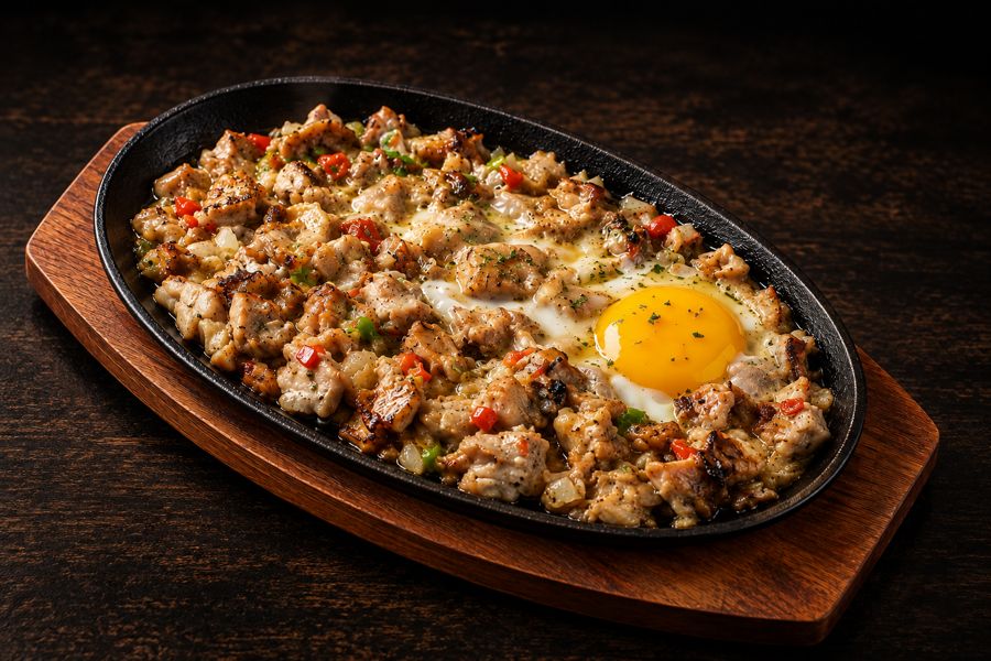 Sizzling sisig with egg on a hot plate